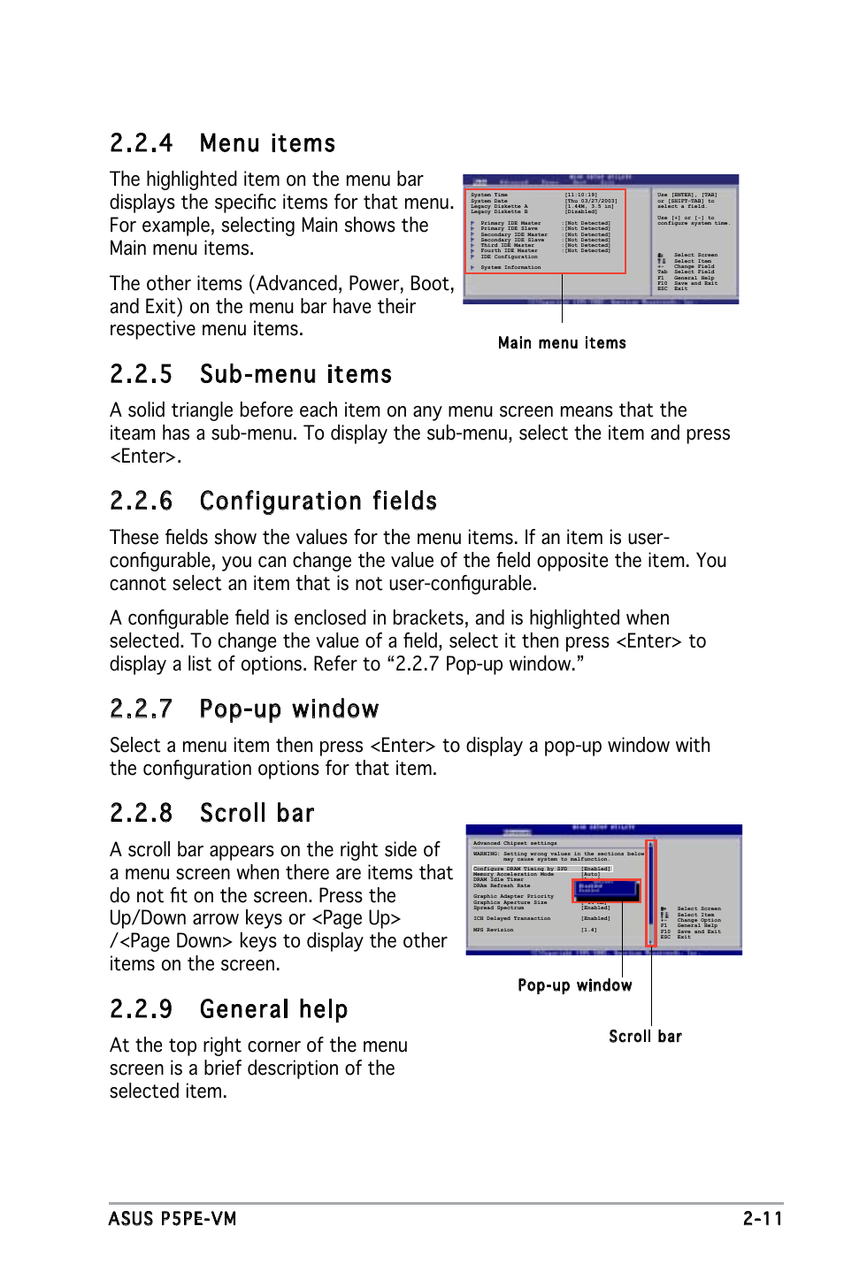 4 menu items, 5 sub-menu items, 6 configuration fields | 7 pop-up window, 8 scroll bar, 9 general help, Asus p5pe-vm 2-11 | Asus P5PE-VM User Manual | Page 53 / 80