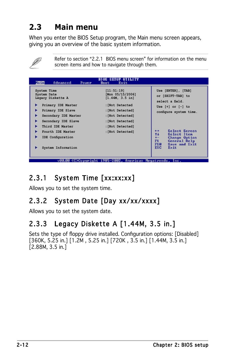 3 main menu, 1 system time [xx:xx:xx | Asus P5PE-VM User Manual | Page 54 / 80