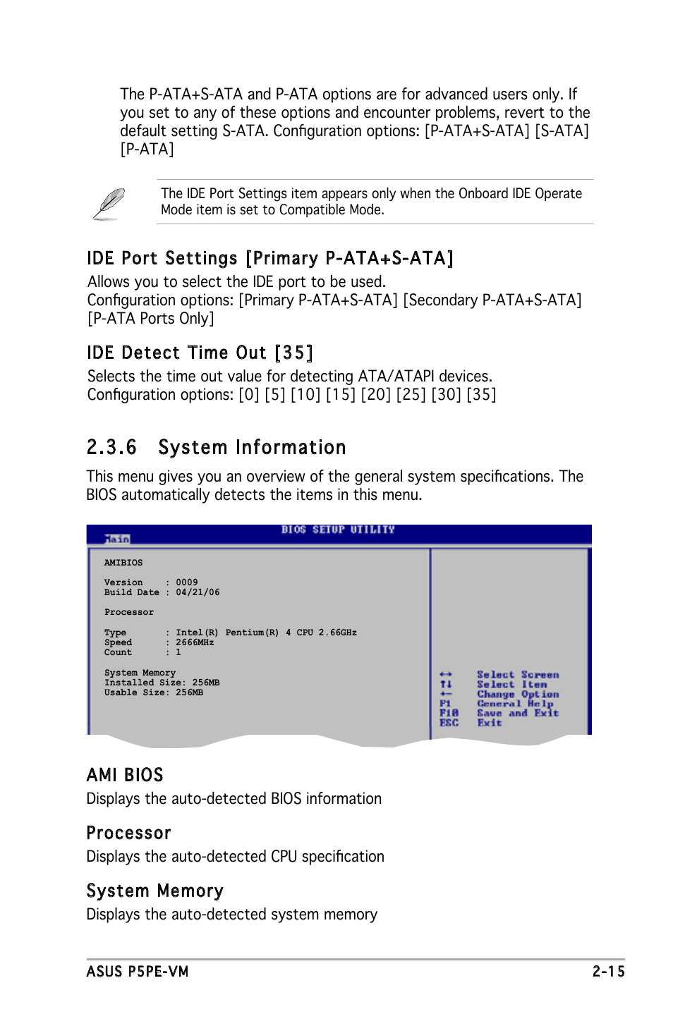 6 system information, Ide port settings [primary p-ata+s-ata, Ide detect time out [35 | Ami bios, Processor | Asus P5PE-VM User Manual | Page 57 / 80