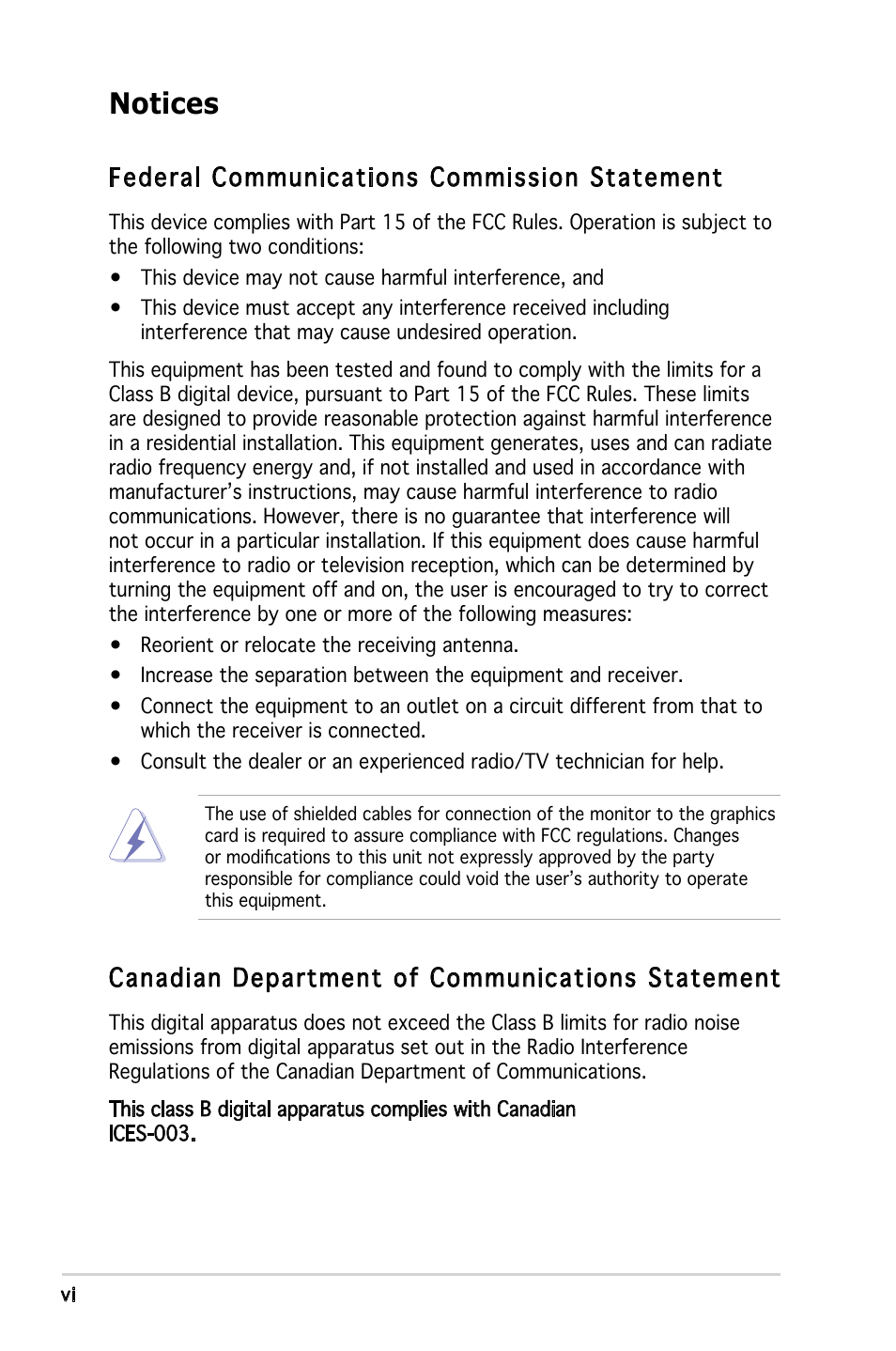 Notices, Federal communications commission statement, Canadian department of communications statement | Asus P5PE-VM User Manual | Page 6 / 80