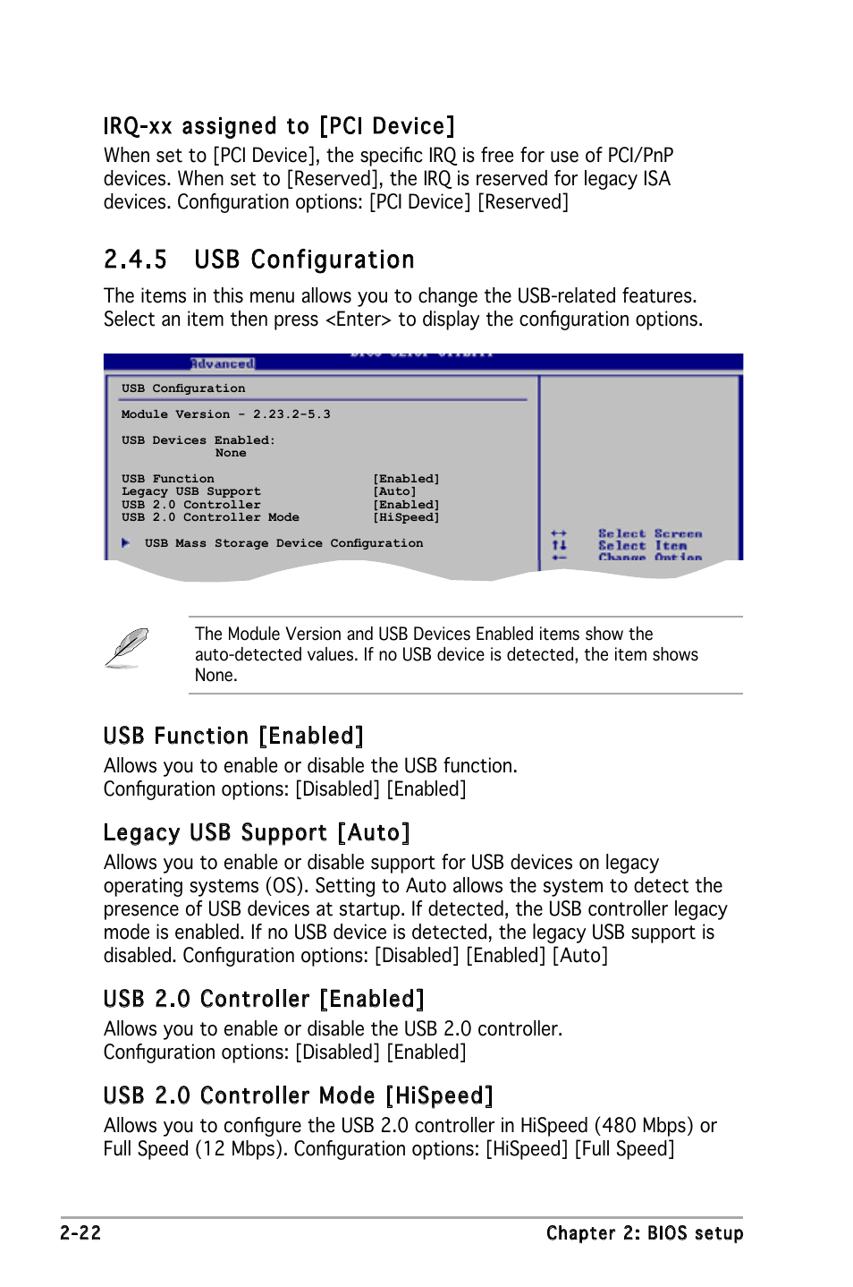 5 usb configuration, Usb function [enabled, Legacy usb support [auto | Usb 2.0 controller [enabled, Usb 2.0 controller mode [hispeed, Irq-xx assigned to [pci device | Asus P5PE-VM User Manual | Page 64 / 80