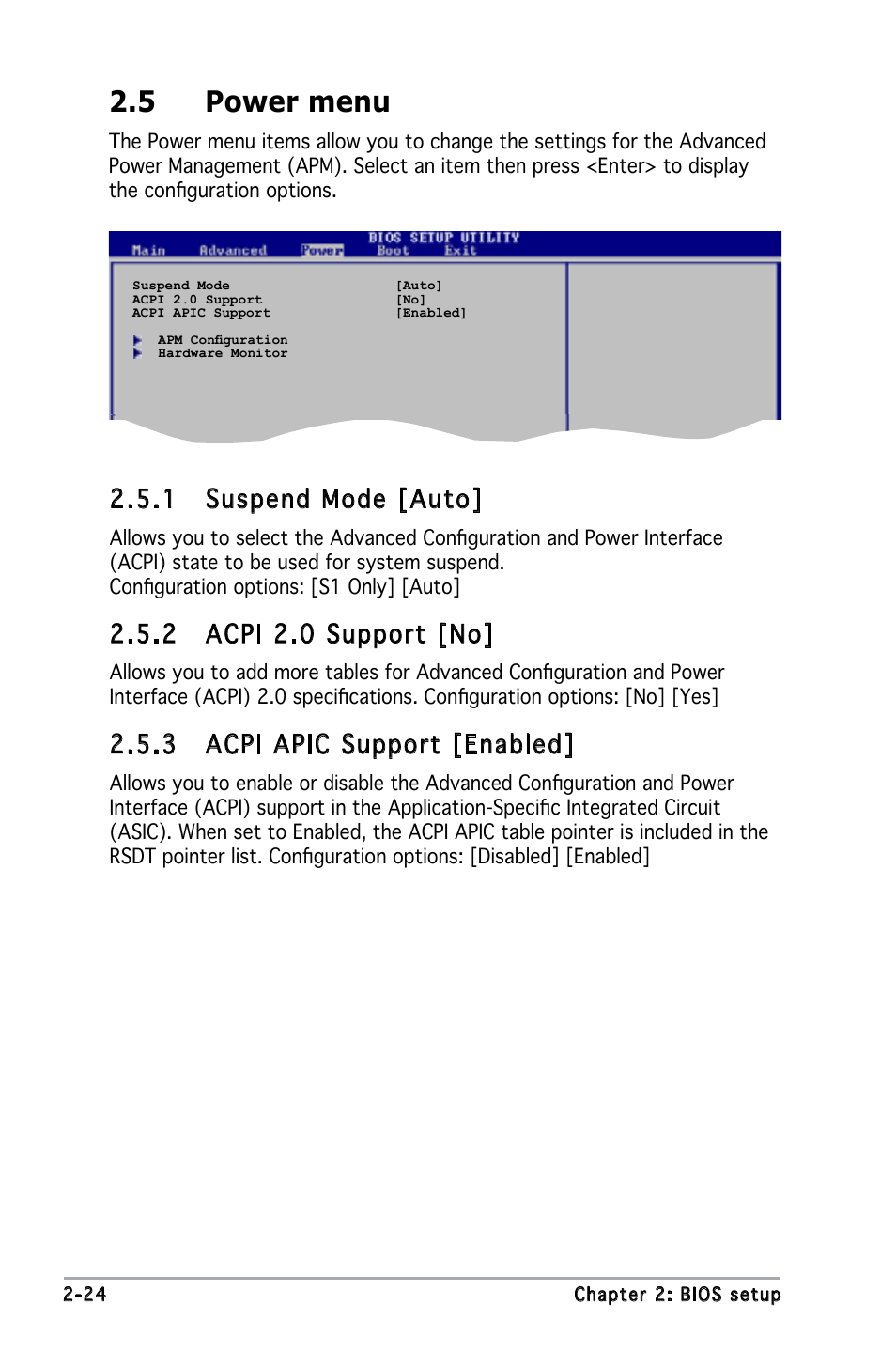 5 power menu, 1 suspend mode [auto, 2 acpi 2.0 support [no | 3 acpi apic support [enabled | Asus P5PE-VM User Manual | Page 66 / 80