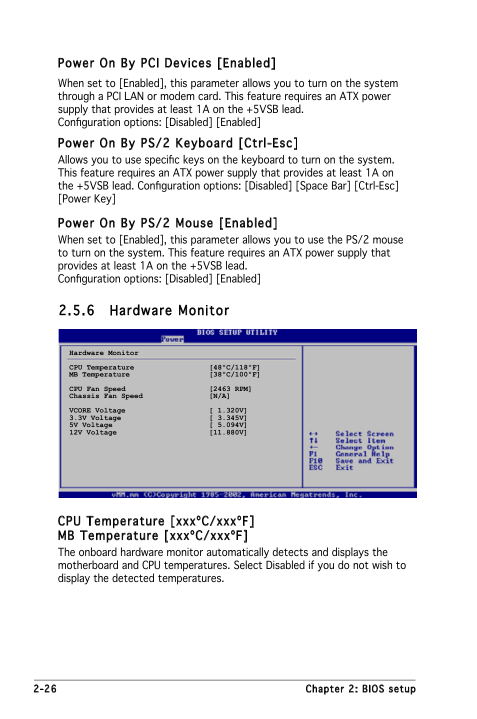 6 hardware monitor, Power on by pci devices [enabled, Power on by ps/2 keyboard [ctrl-esc | Power on by ps/2 mouse [enabled | Asus P5PE-VM User Manual | Page 68 / 80