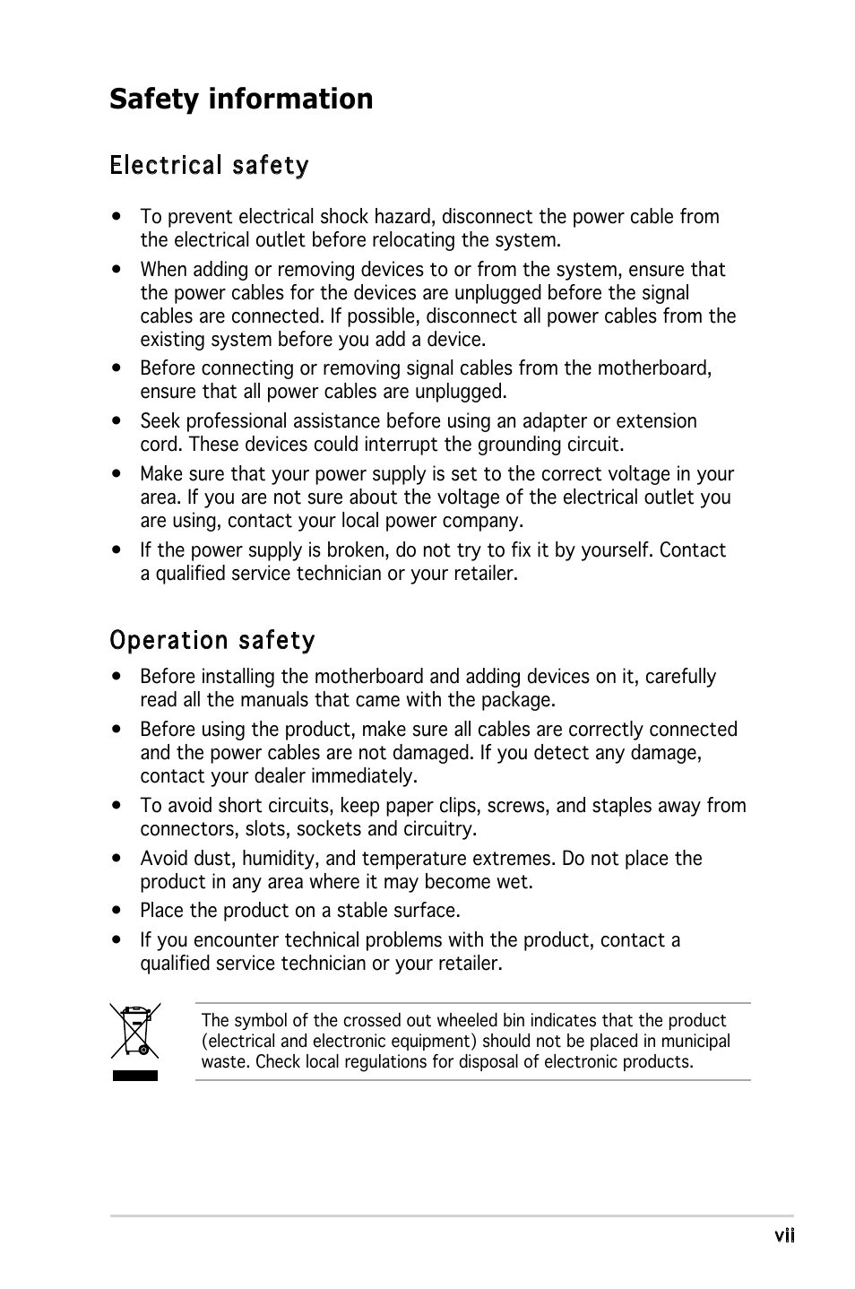 Safety information, Electrical safety, Operation safety | Asus P5PE-VM User Manual | Page 7 / 80