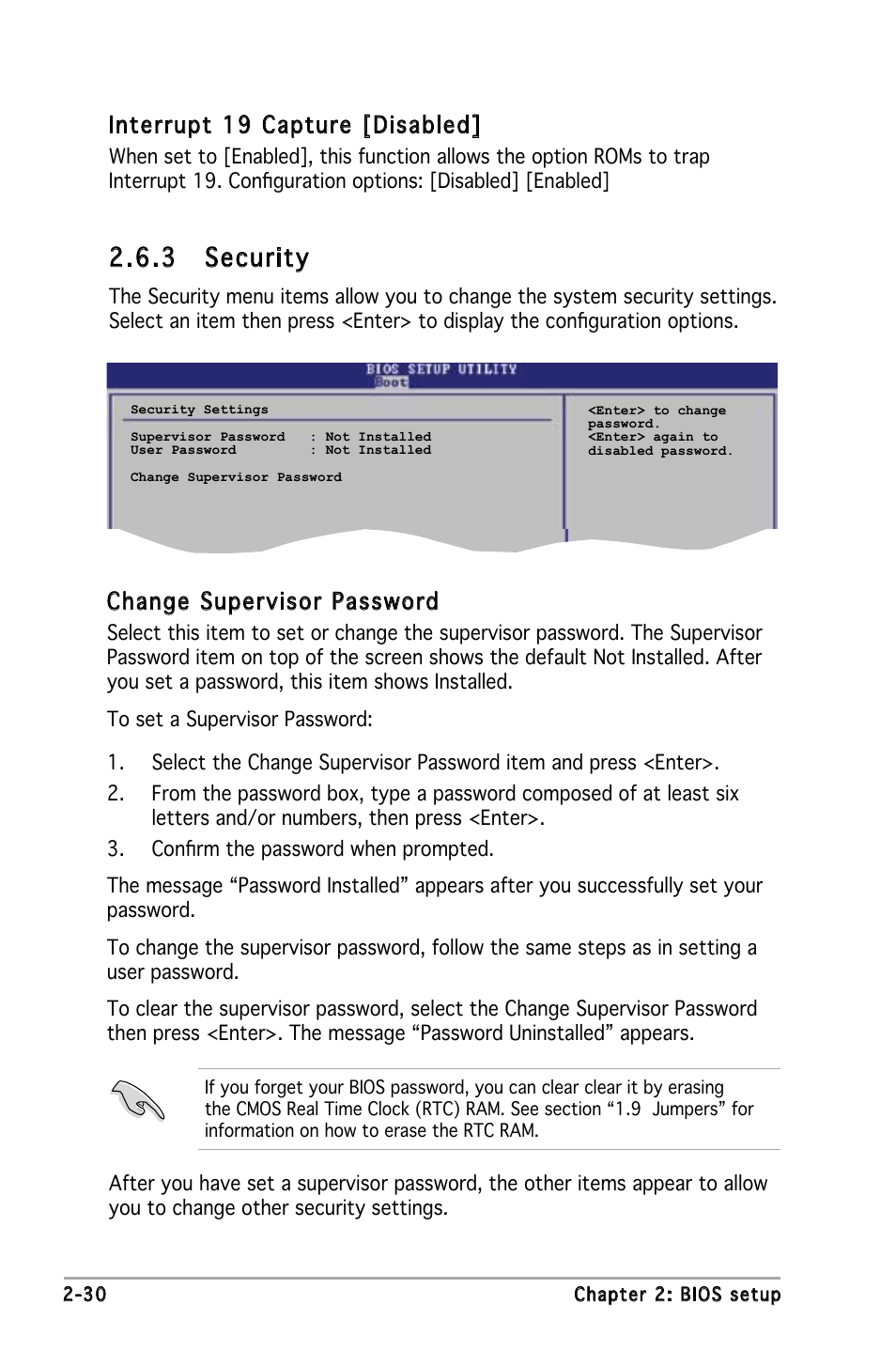 3 security, Interrupt 19 capture [disabled, Change supervisor password | Asus P5PE-VM User Manual | Page 72 / 80