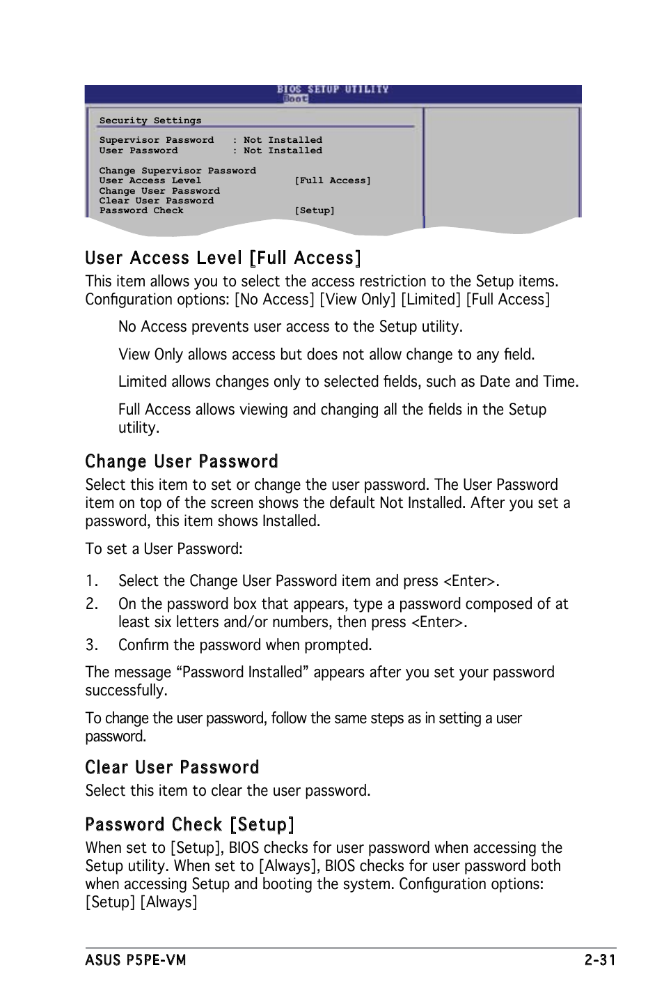 User access level [full access, Change user password, Clear user password | Password check [setup | Asus P5PE-VM User Manual | Page 73 / 80