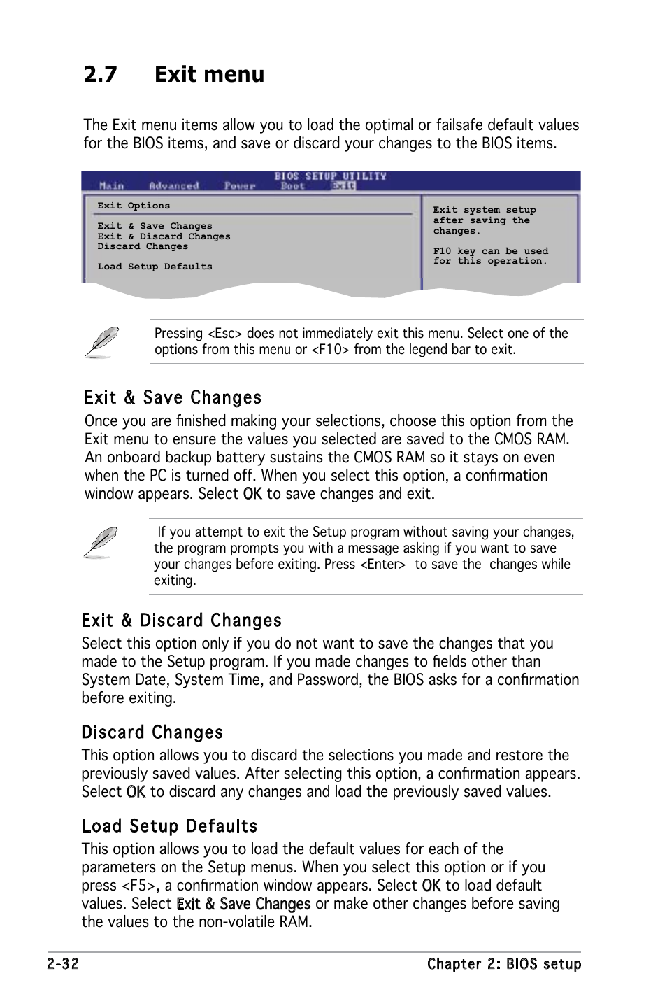 7 exit menu, Exit & discard changes, Discard changes | Load setup defaults, Exit & save changes | Asus P5PE-VM User Manual | Page 74 / 80