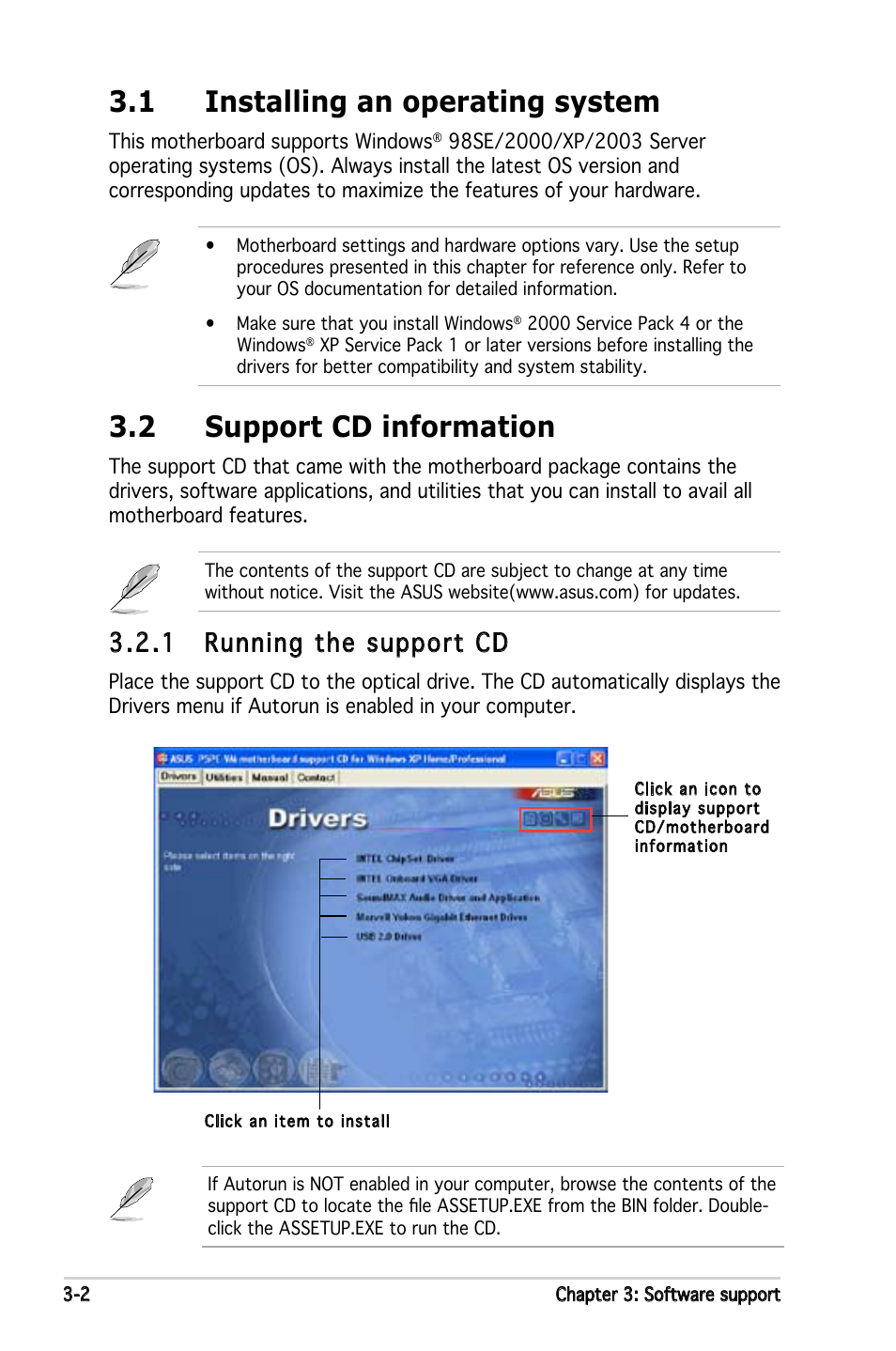 1 installing an operating system, 2 support cd information, 1 running the support cd | Asus P5PE-VM User Manual | Page 76 / 80