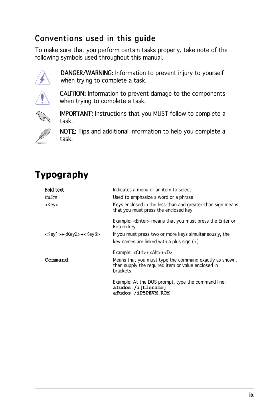 Typography, Conventions used in this guide | Asus P5PE-VM User Manual | Page 9 / 80