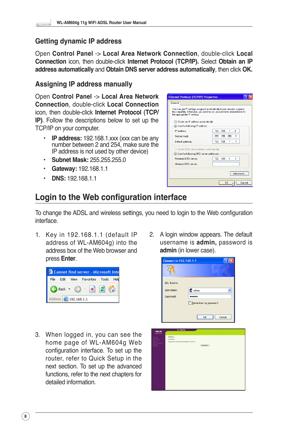Login to the web configuration interface, Getting dynamic ip address, Assigning ip address manually | Asus WL-AM604g User Manual | Page 10 / 34