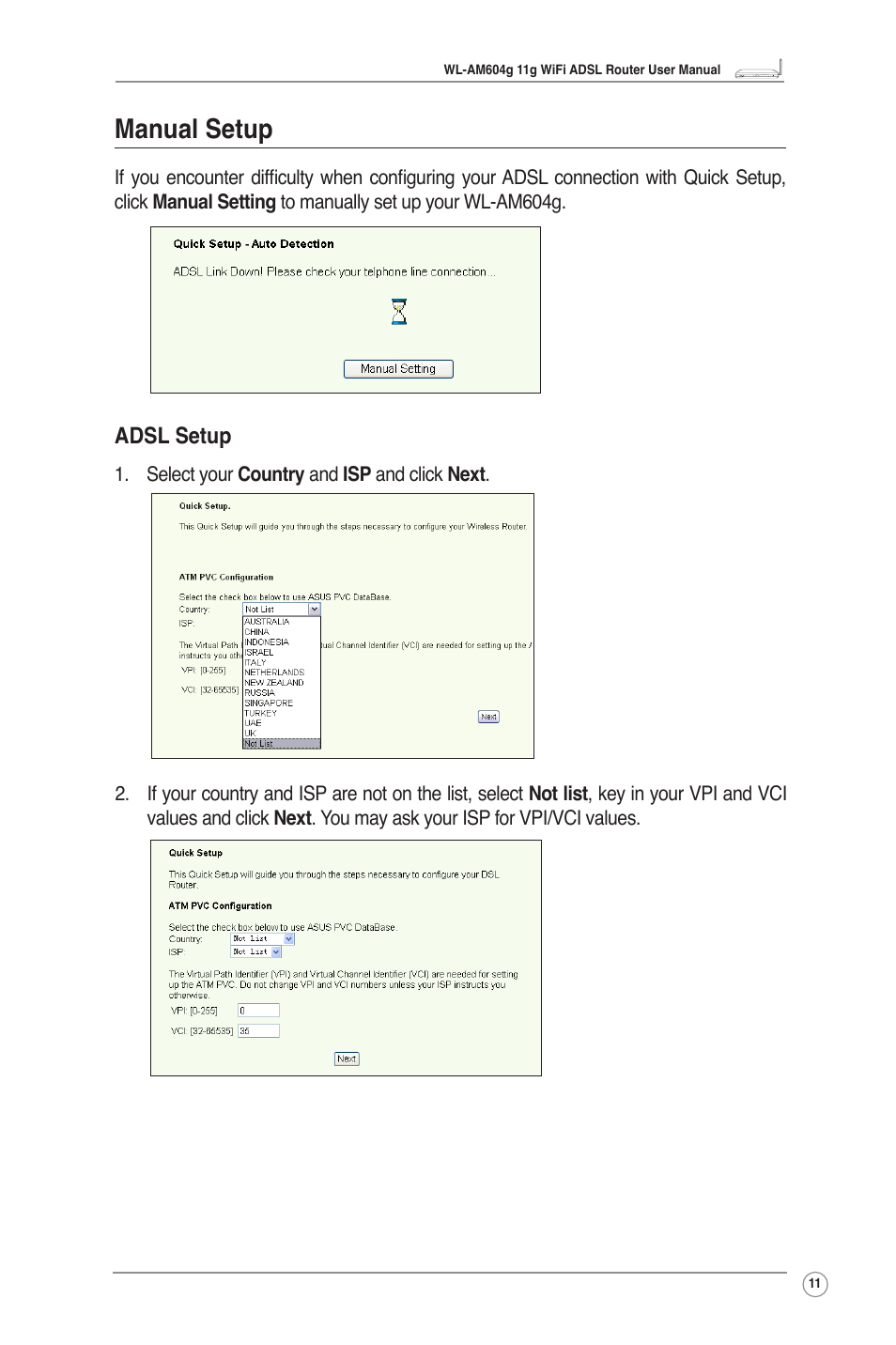 Manual setup, Adsl setup | Asus WL-AM604g User Manual | Page 13 / 34