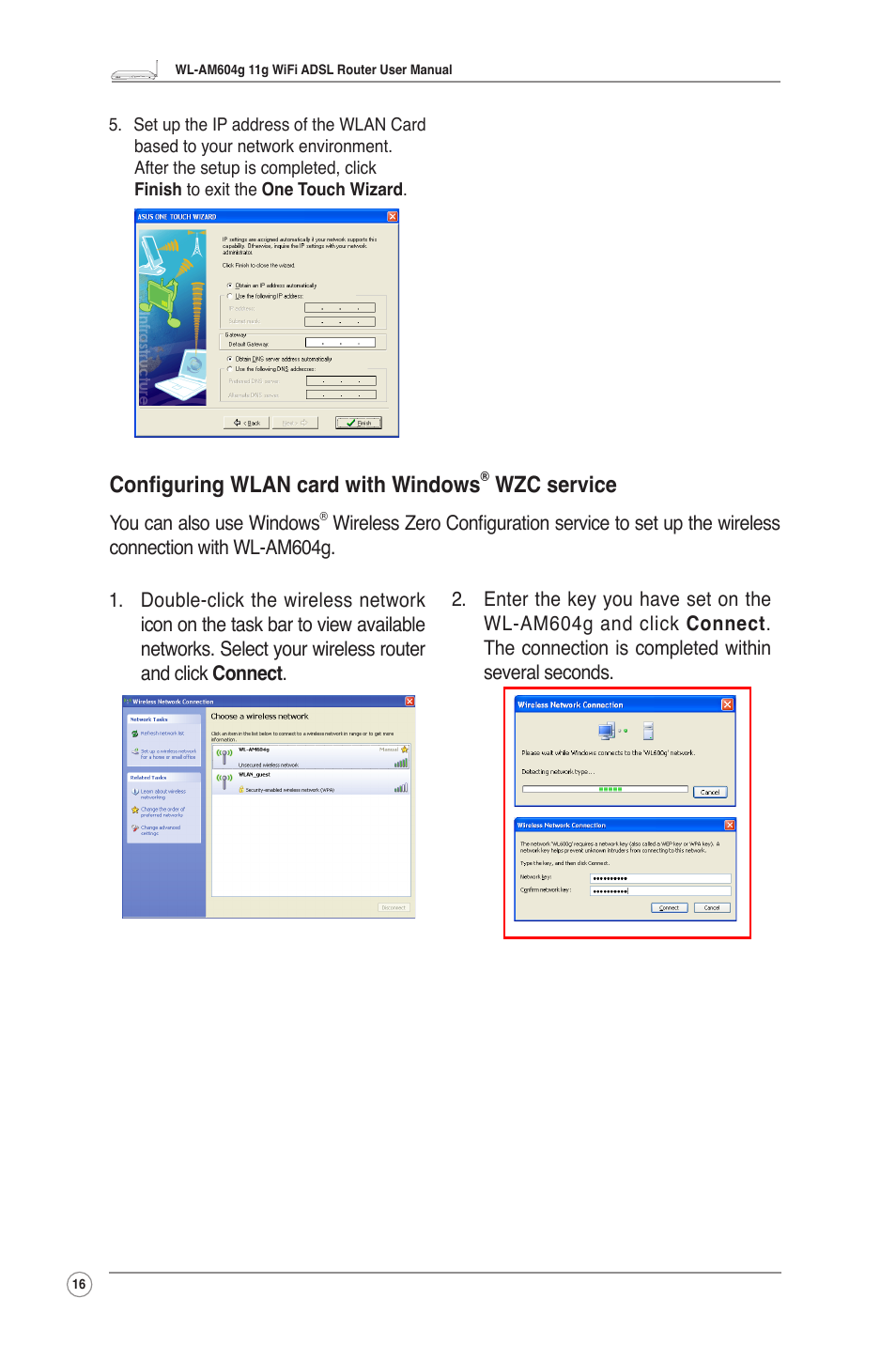 Configuring wlan card with windows, Wzc service | Asus WL-AM604g User Manual | Page 18 / 34