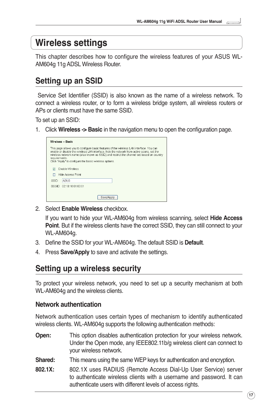 Wireless settings, Setting up an ssid, Setting up a wireless security | Network authentication | Asus WL-AM604g User Manual | Page 19 / 34