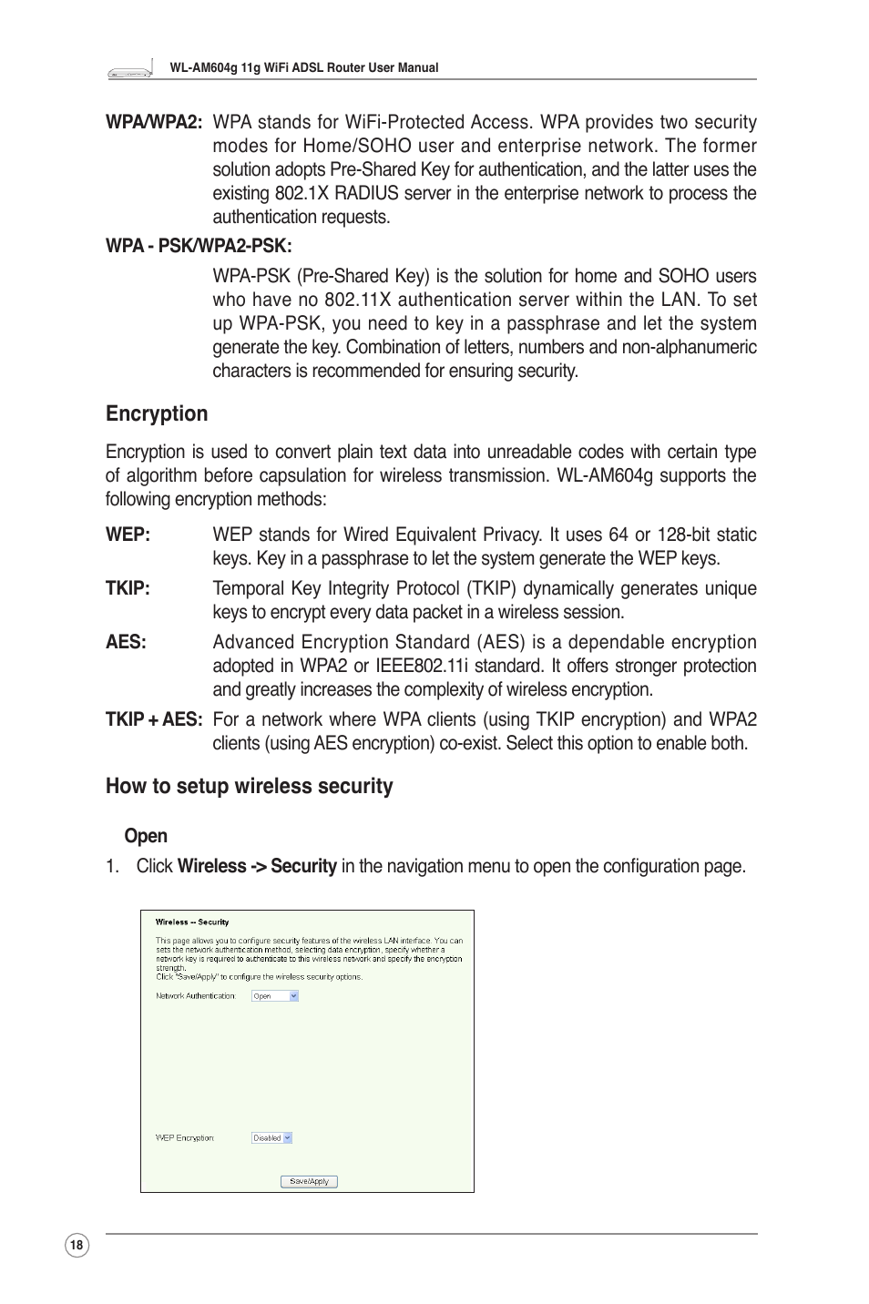 Encryption, How to setup wireless security | Asus WL-AM604g User Manual | Page 20 / 34