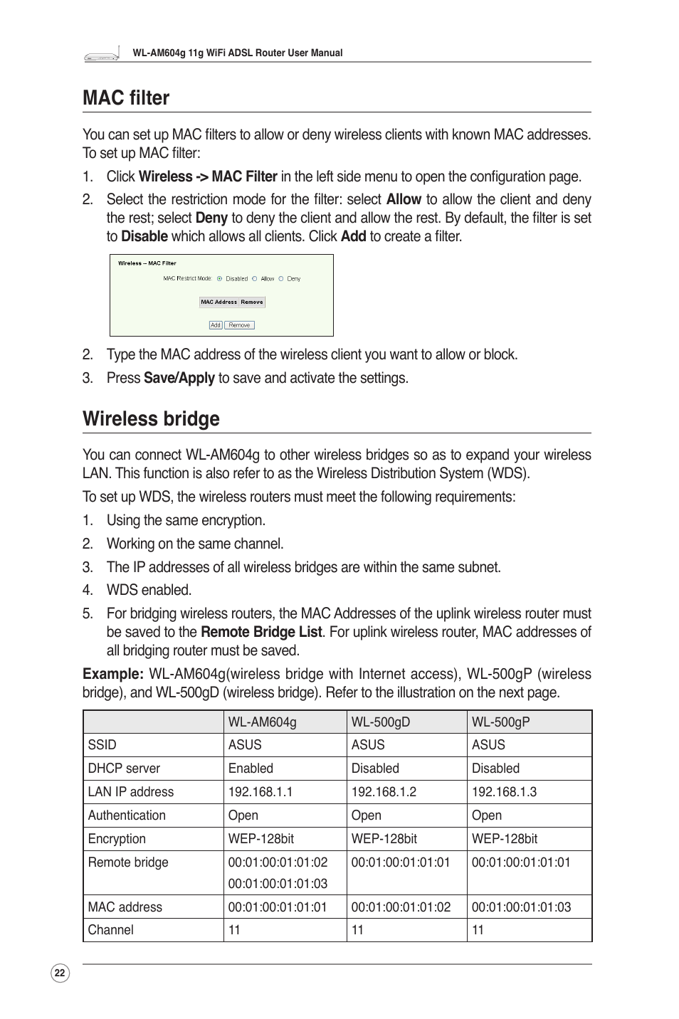 Mac filter, Wireless bridge | Asus WL-AM604g User Manual | Page 24 / 34