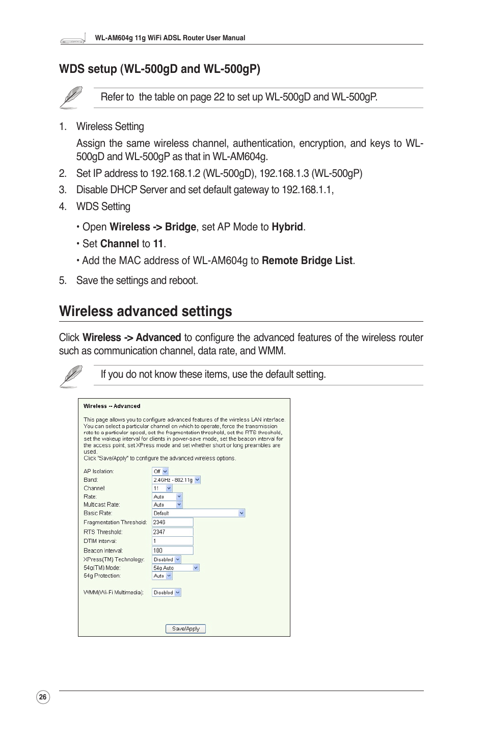 Wireless advanced settings | Asus WL-AM604g User Manual | Page 28 / 34