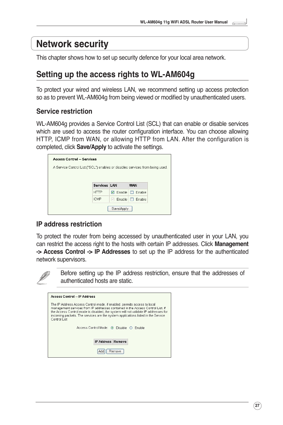 Network security, Setting up the access rights to wl-am604g, Service restriction | Ip address restriction | Asus WL-AM604g User Manual | Page 29 / 34