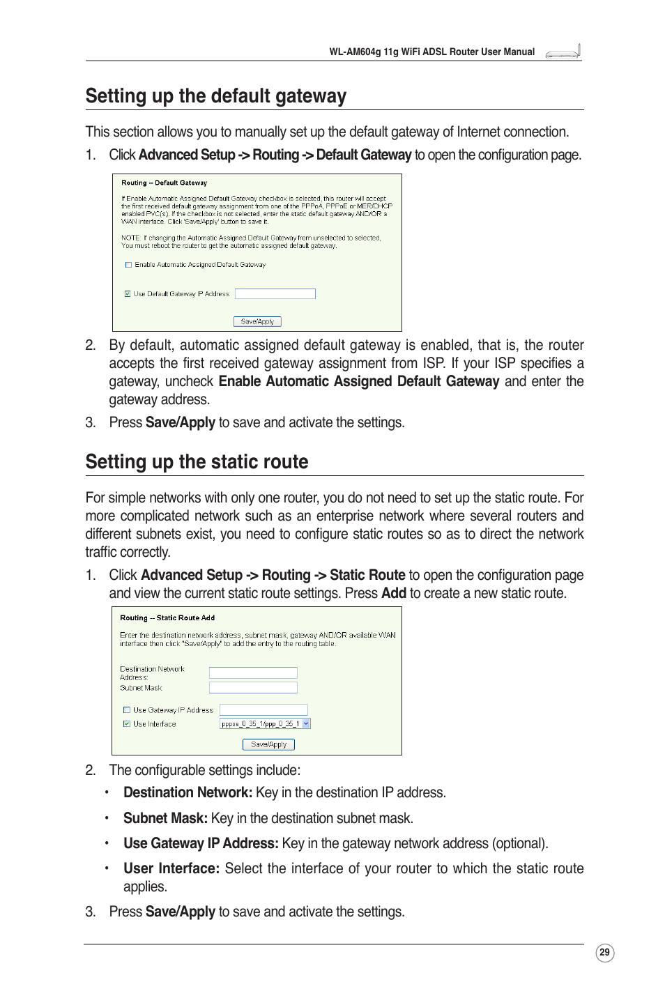Setting up the default gateway, Setting up the static route | Asus WL-AM604g User Manual | Page 31 / 34