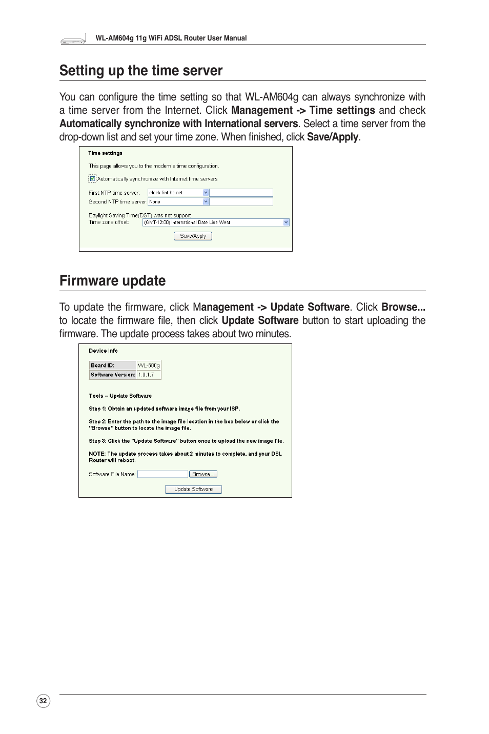 Setting up the time server, Firmware update | Asus WL-AM604g User Manual | Page 34 / 34