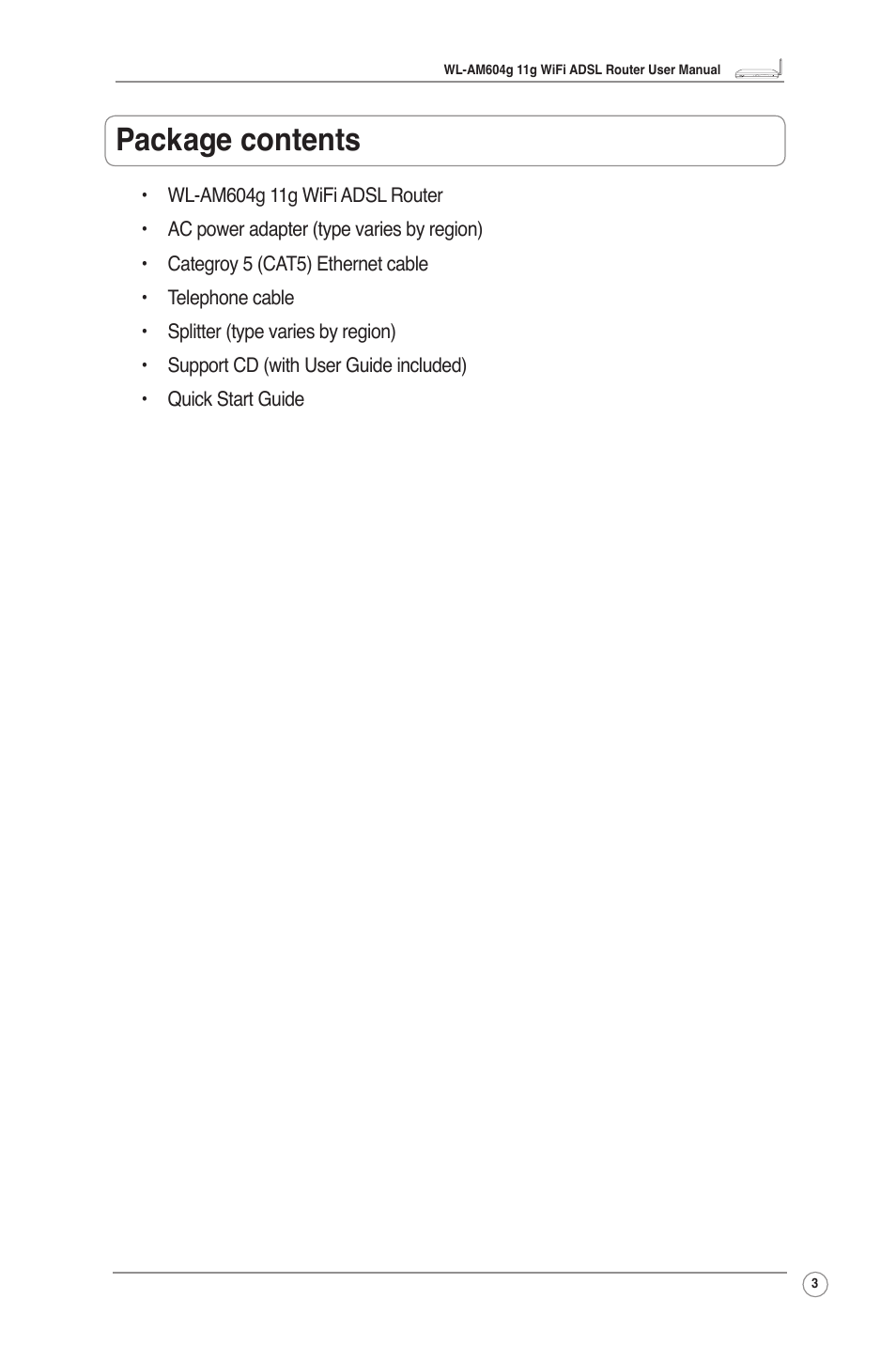 Package contents | Asus WL-AM604g User Manual | Page 5 / 34