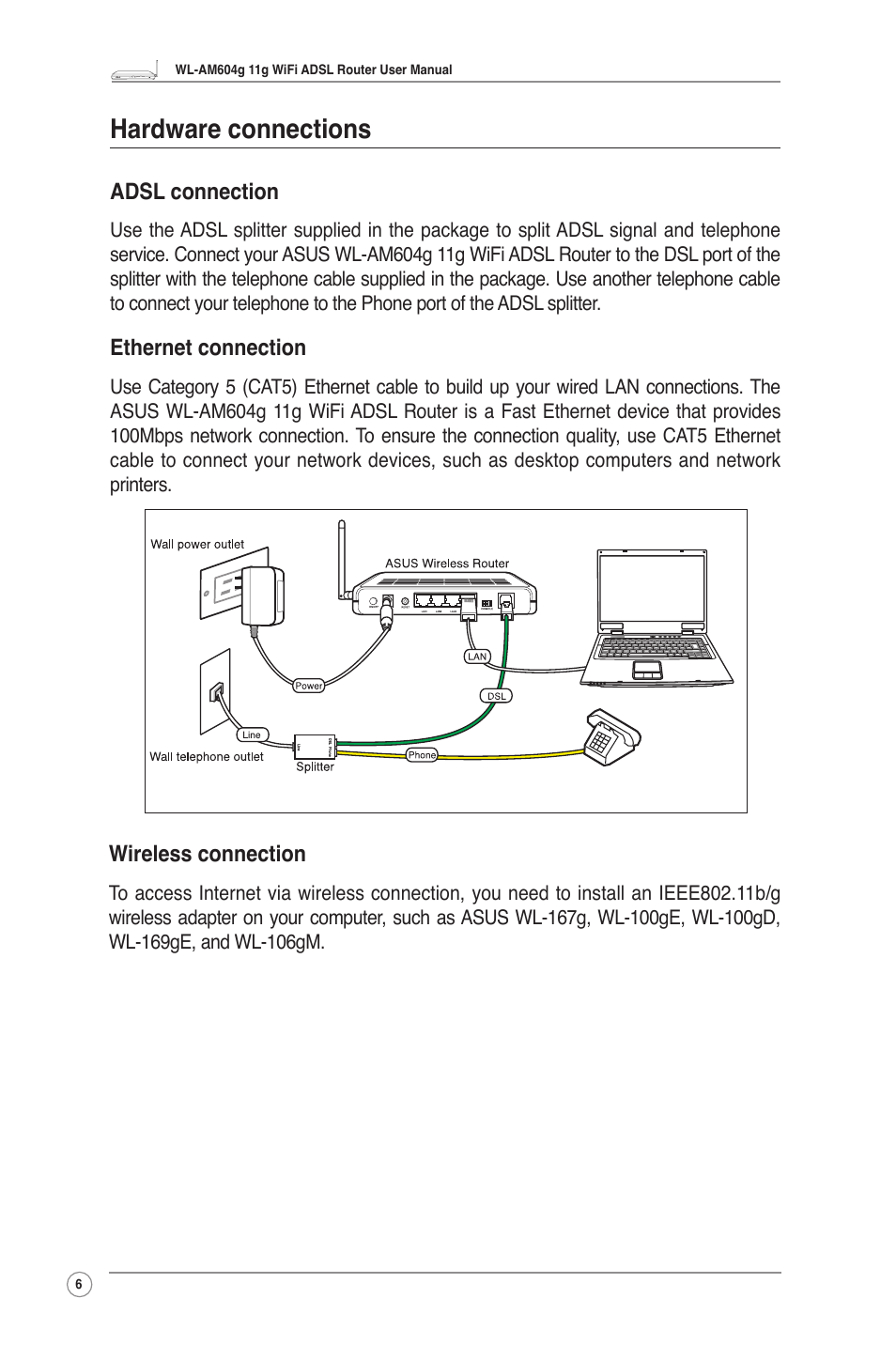 Hardware connections, Adsl connection, Ethernet connection | Wireless connection | Asus WL-AM604g User Manual | Page 8 / 34