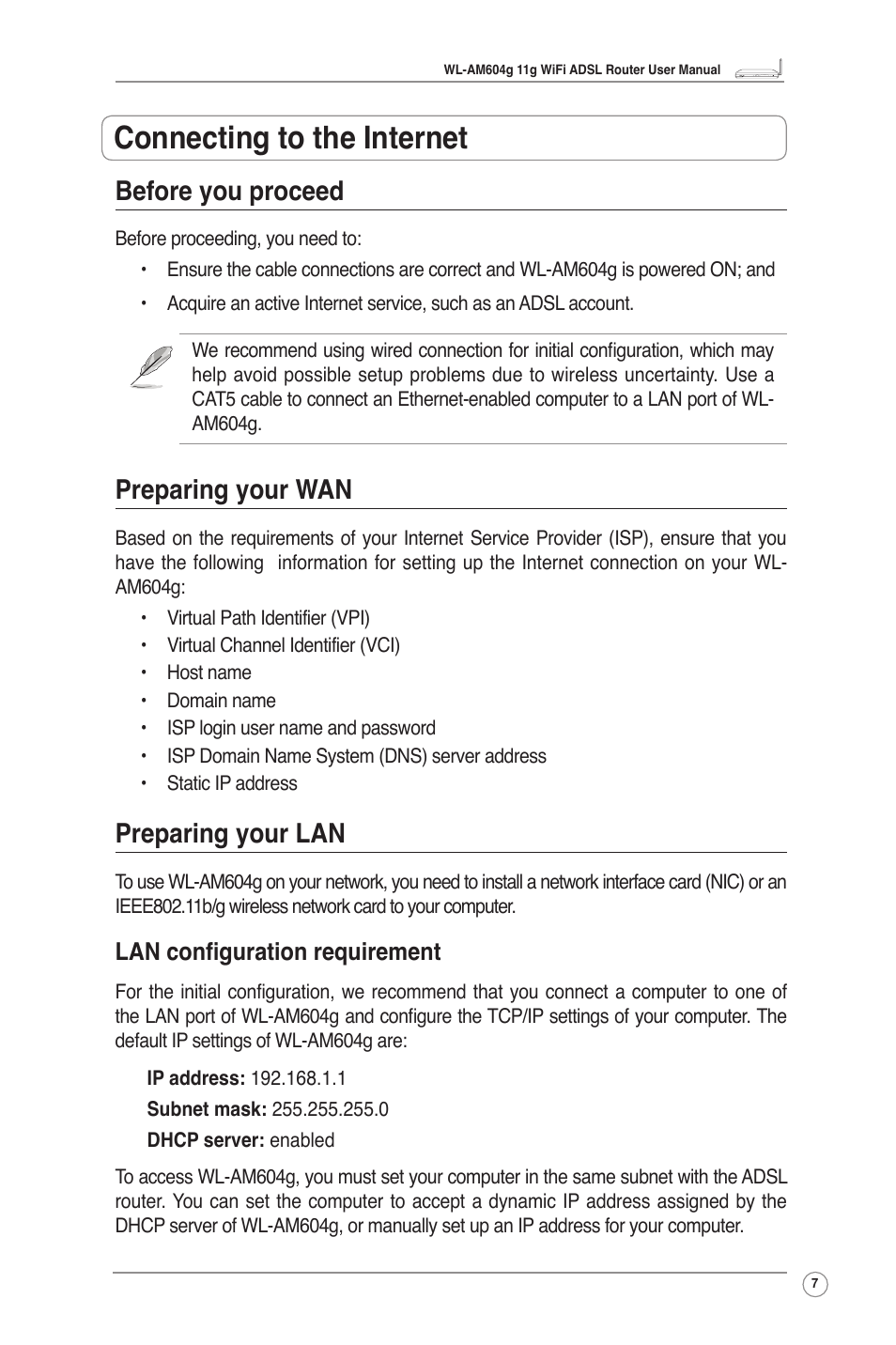 Connecting to the internet, Before you proceed, Preparing your wan | Preparing your lan, Lan configuration requirement | Asus WL-AM604g User Manual | Page 9 / 34