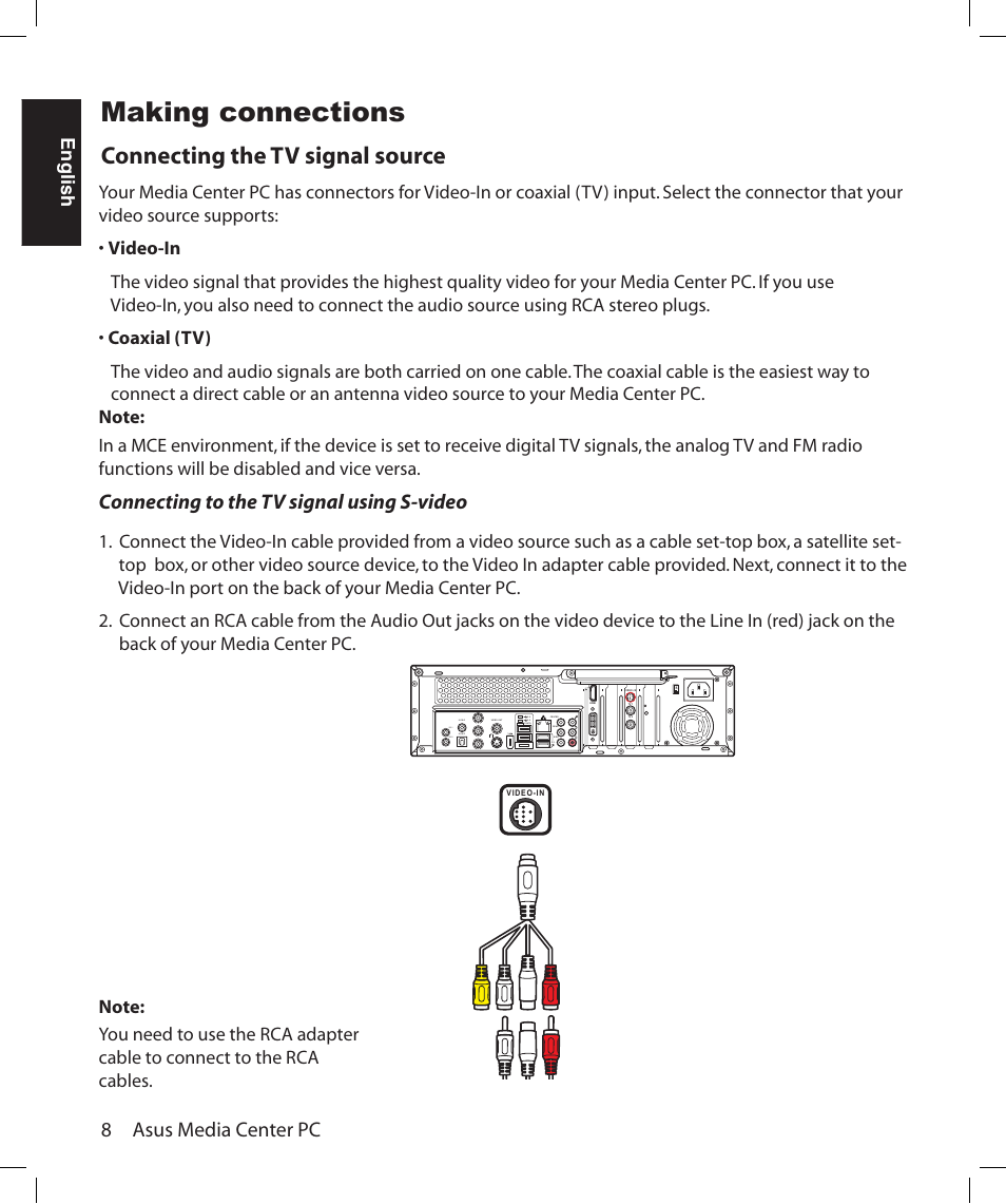 Making connections, Connecting the tv signal source, 8 asus media center pc | Connecting to the tv signal using s-video, English | Asus Asteio D22 User Manual | Page 14 / 210