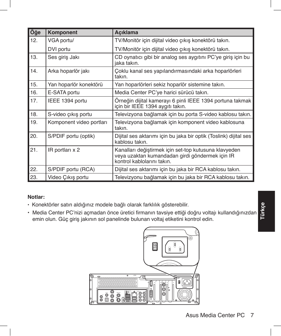 Asus media center pc 7, Türkçe, Notlar | Asus Asteio D22 User Manual | Page 181 / 210