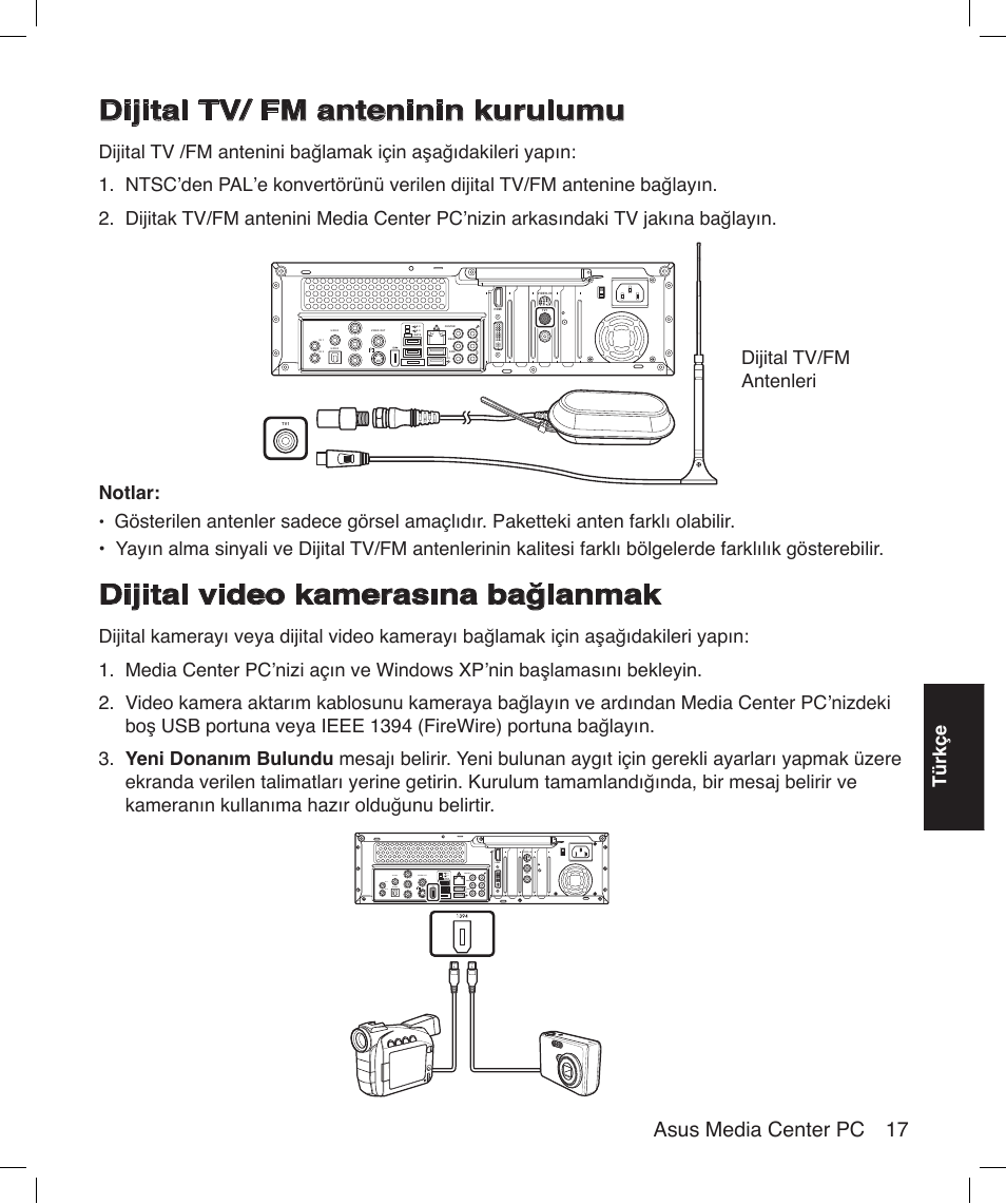 Dijital tv/ fm anteninin kurulumu, Dijital video kamerasına bağlanmak, Asus media center pc 17 | Türkçe, Dijital tv/fm antenleri notlar | Asus Asteio D22 User Manual | Page 191 / 210