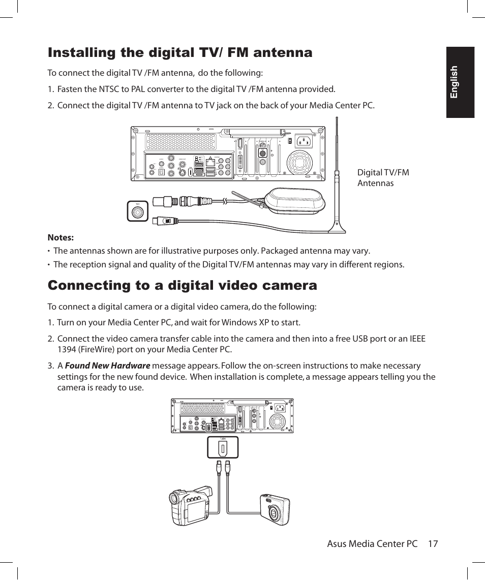 Installing the digital tv/ fm antenna, Connecting to a digital video camera, Asus media center pc 17 | English | Asus Asteio D22 User Manual | Page 23 / 210