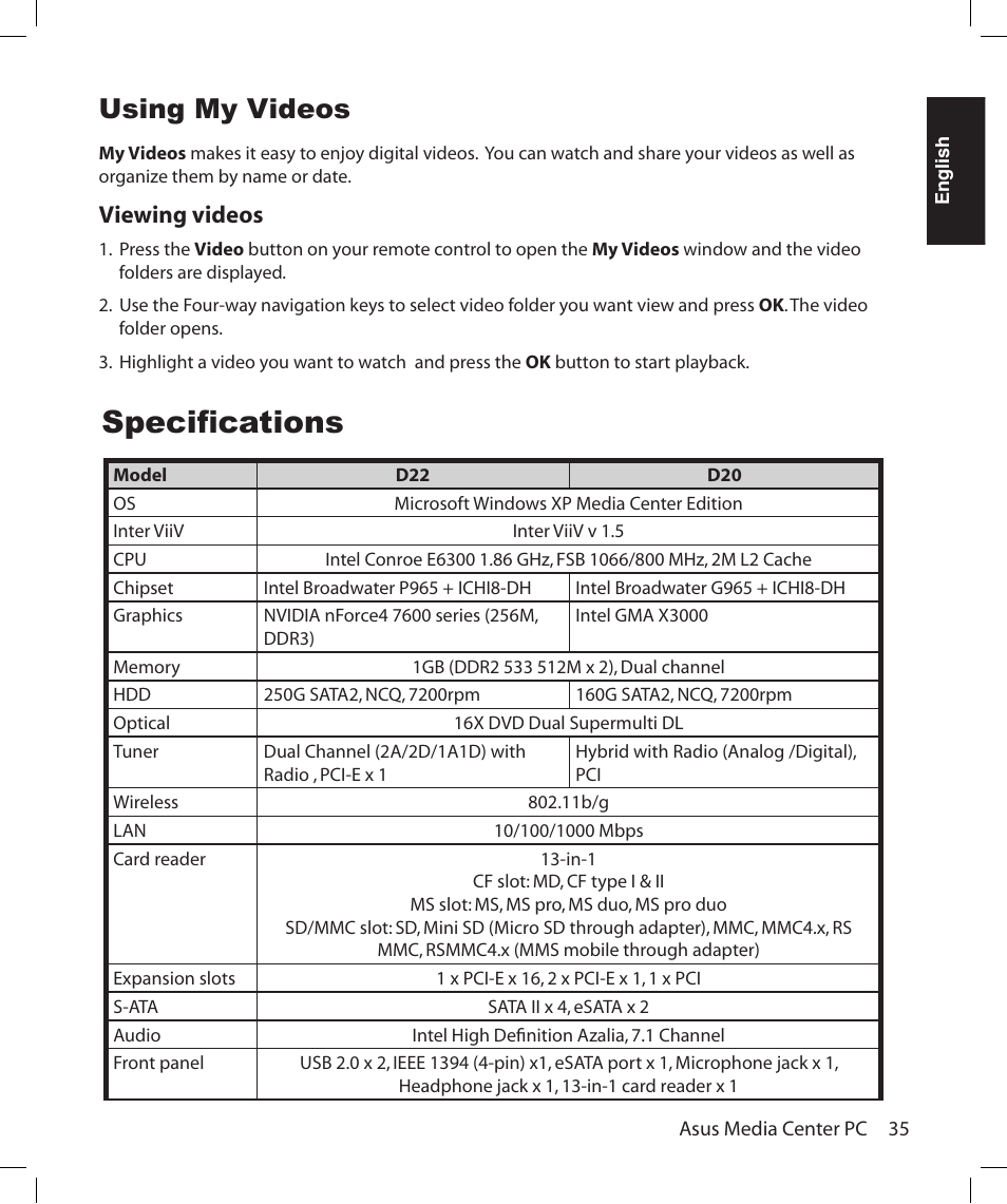 Specifications, Using my videos, Viewing videos | Asus Asteio D22 User Manual | Page 41 / 210