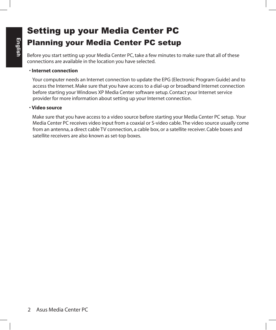 Setting up your media center pc, Planning your media center pc setup | Asus Asteio D22 User Manual | Page 8 / 210