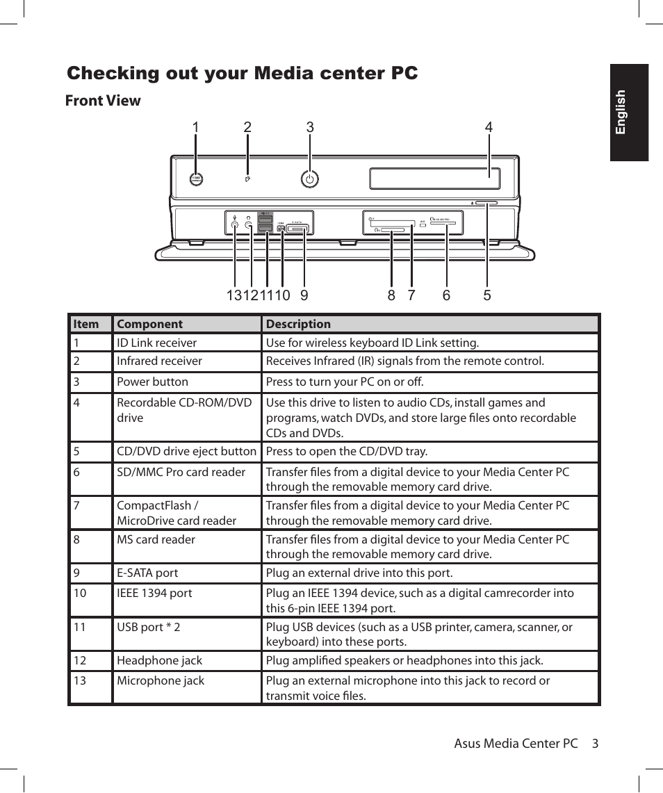 Checking out your media center pc, Front view | Asus Asteio D22 User Manual | Page 9 / 210