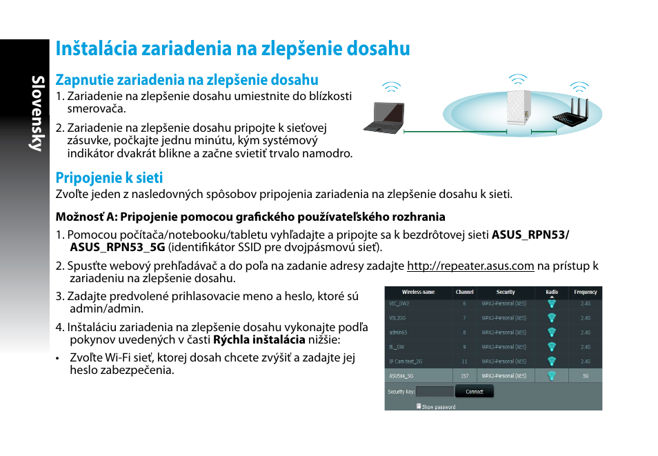 Inštalácia zariadenia na zlepšenie dosahu, Slo vensk y | Asus RP-N53 User Manual | Page 113 / 155