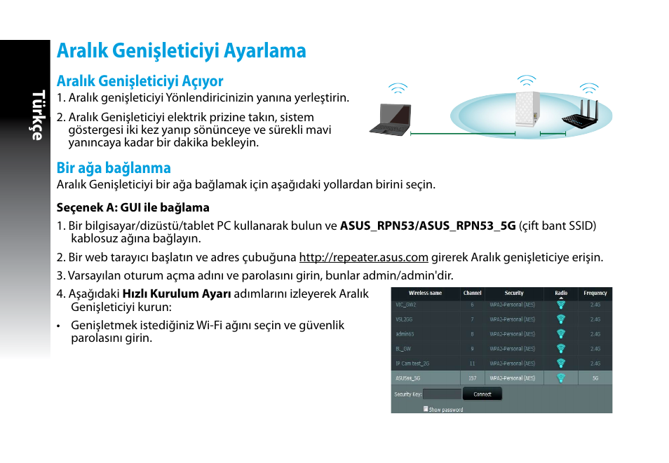 Aralık genişleticiyi ayarlama, Tür kç e | Asus RP-N53 User Manual | Page 131 / 155