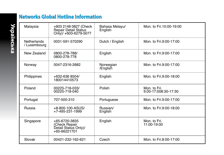 Укр аїнськ а, Networks global hotline information | Asus RP-N53 User Manual | Page 153 / 155