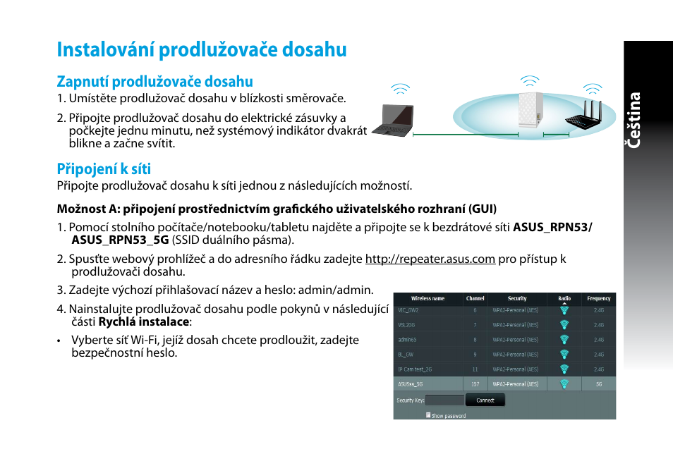 Instalování prodlužovače dosahu, Čeština | Asus RP-N53 User Manual | Page 32 / 155