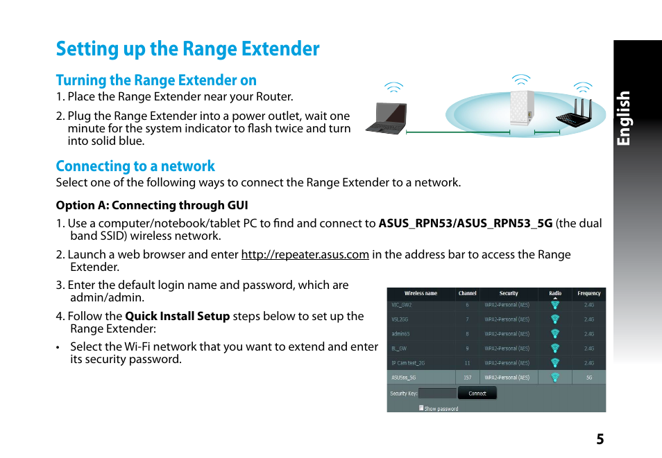 Setting up the range extender, English | Asus RP-N53 User Manual | Page 5 / 155