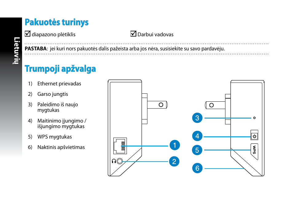 Pakuotės turinys, Trumpoji apžvalga, Lietuvių | Asus RP-N53 User Manual | Page 75 / 155