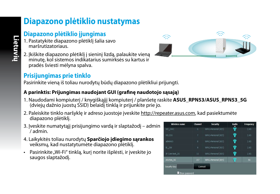 Diapazono plėtiklio nustatymas, Lietuvių, Diapazono plėtiklio įjungimas | Prisijungimas prie tinklo | Asus RP-N53 User Manual | Page 77 / 155