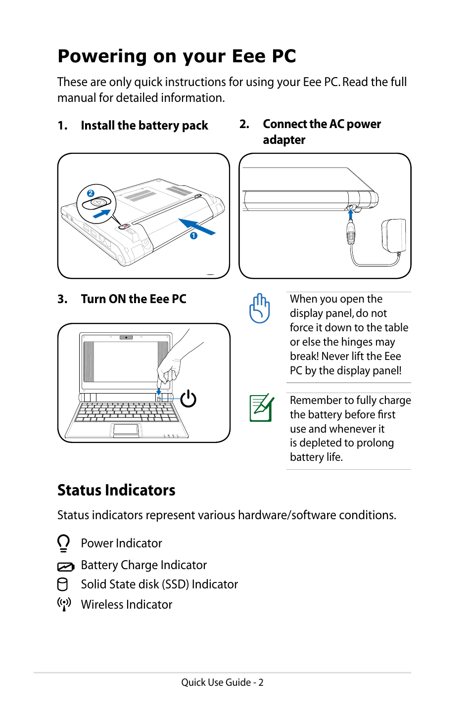 Powering on your eee pc, Status indicators | Asus Eee PC 8G/Linux User Manual | Page 2 / 14