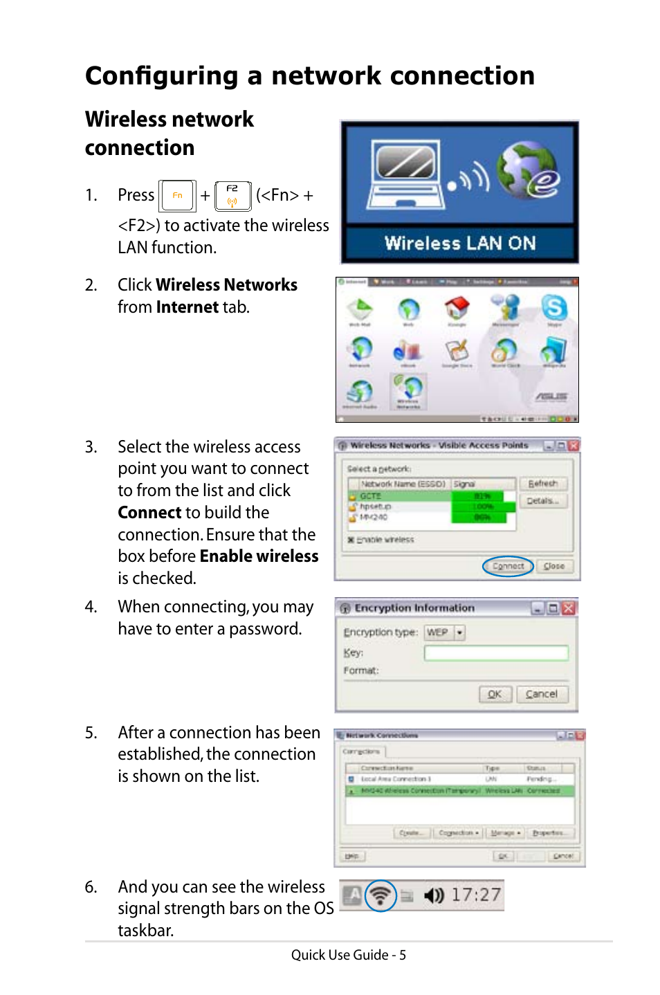 Configuring a network connection, Wireless network connection | Asus Eee PC 8G/Linux User Manual | Page 5 / 14