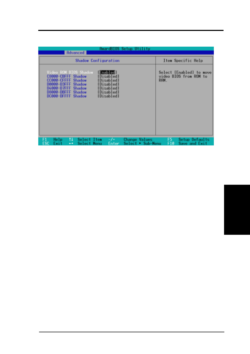 Bios setup, 4 shadow configuration | Asus A7V(MB) User Manual | Page 73 / 112