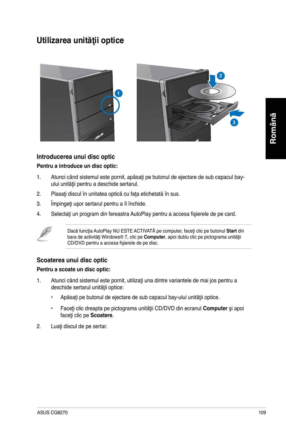 Utilizarea unităţii optice, Română | Asus CG8270 User Manual | Page 111 / 218