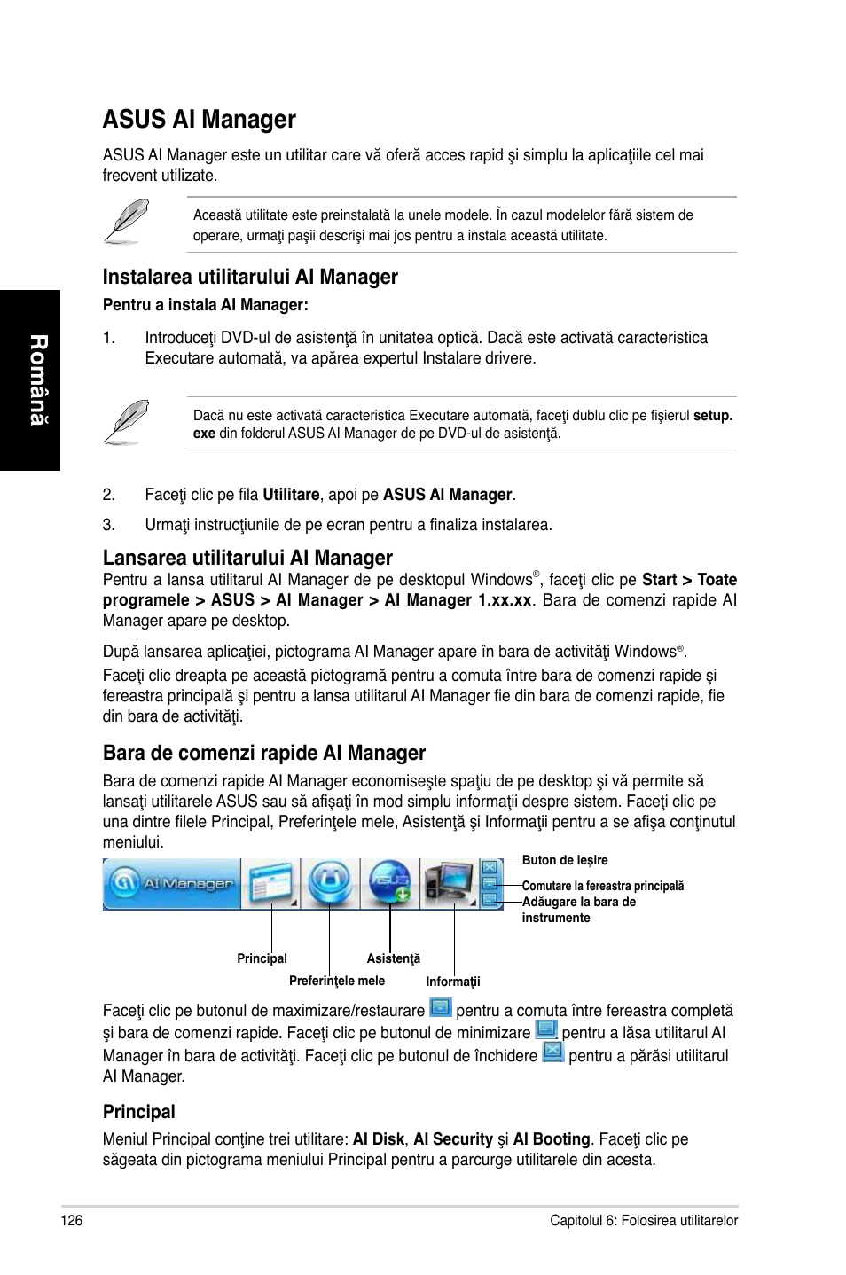 Asus ai manager, Asus.ai.manager, Română | Instalarea.utilitarului.ai.manager, Lansarea.utilitarului.ai.manager | Asus CG8270 User Manual | Page 128 / 218