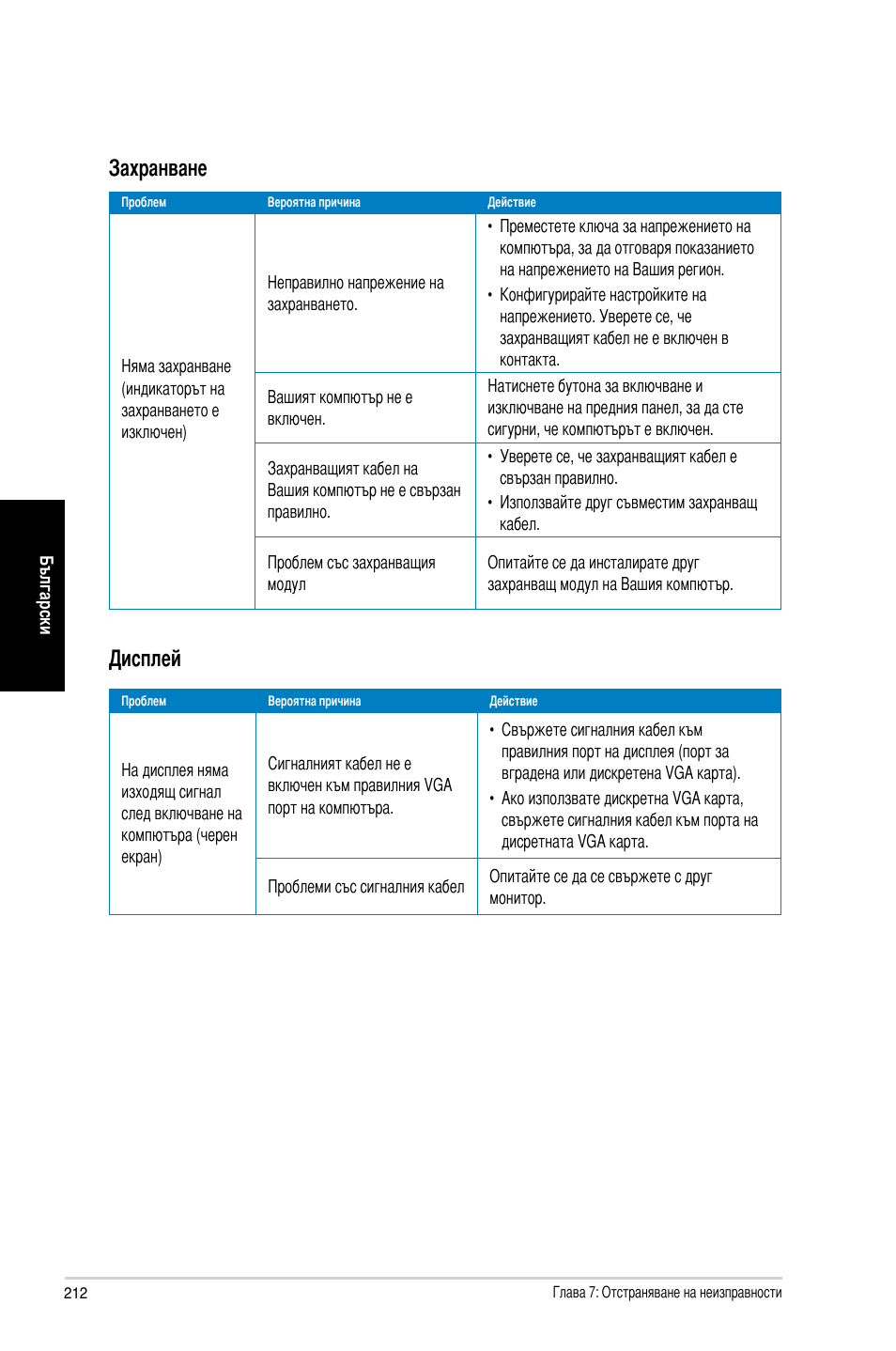 Захранване, Дисплей | Asus CG8270 User Manual | Page 214 / 218