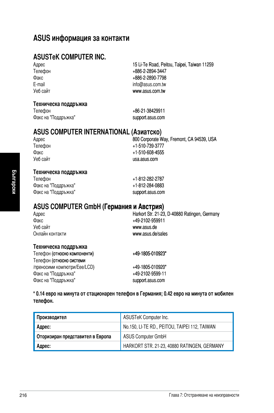 Asus информация за контакти, Asustek �omputer in, Asus �omputer internationa� (азиатско) | Asus CG8270 User Manual | Page 218 / 218