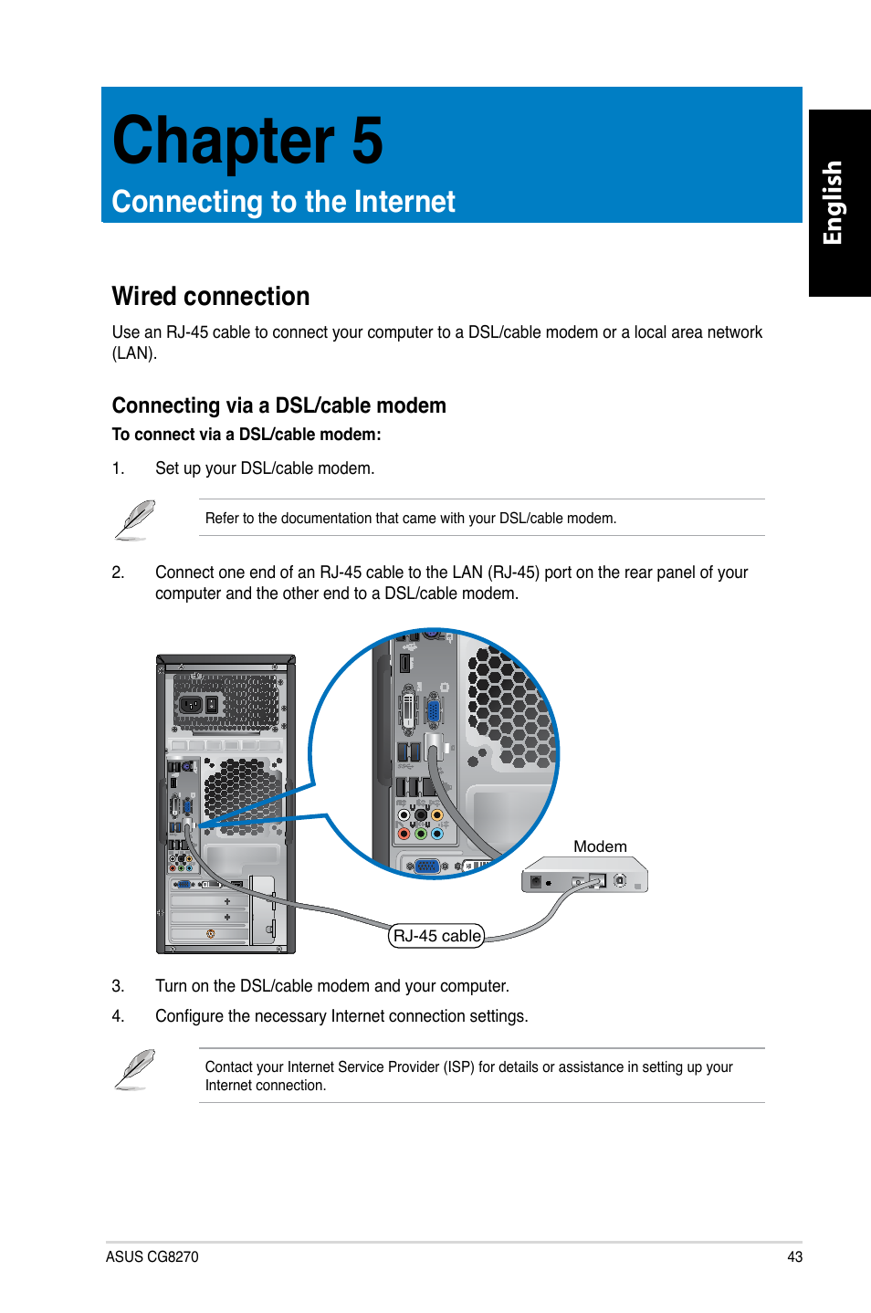 Chapter 5, Connecting to the internet, Wired connection | Chapter.5, Connecting.to.the.internet, English, Wired.connection | Asus CG8270 User Manual | Page 45 / 218