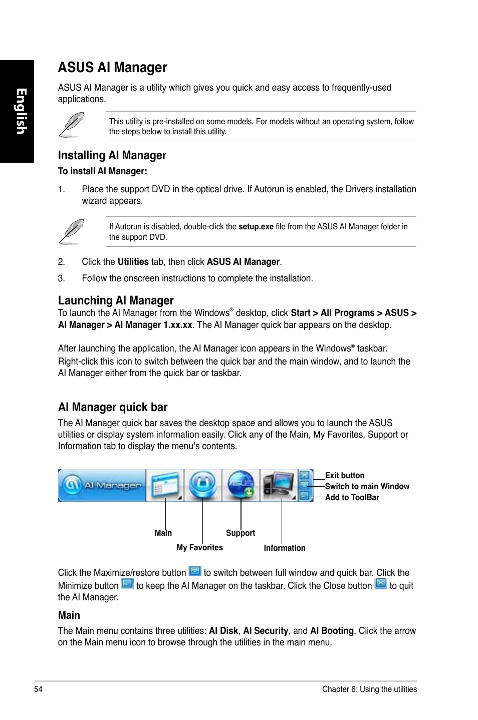 Asus ai manager, English, Asus.ai.manager | Installing.ai.manager, Launching.ai.manager, Ai.manager.quick.bar | Asus CG8270 User Manual | Page 56 / 218