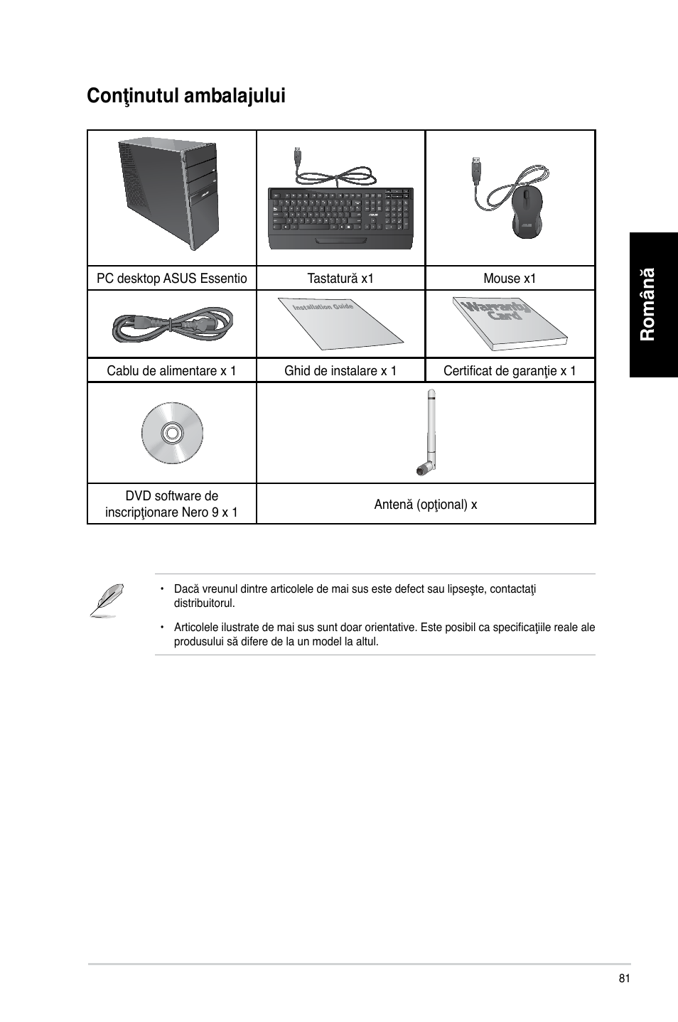 Conţinutul ambalajului, Română | Asus CG8270 User Manual | Page 83 / 218